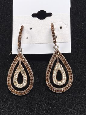 Swarovski Rose & Chocolate Crystal Teardrop Dangle Earrings - Brown & Gold 925 S